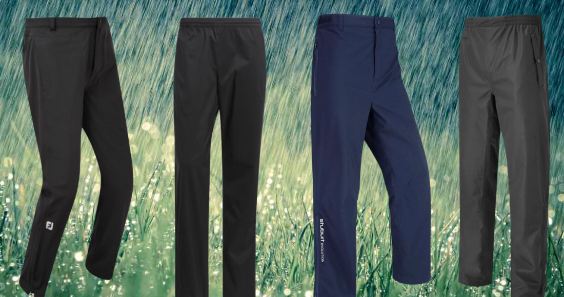 Best mens waterproof golf trousers header image. four example pairs against a backdrop of rain.