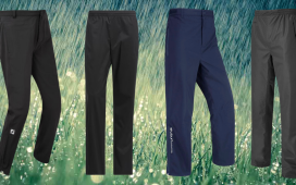 Best mens waterproof golf trousers header image. four example pairs against a backdrop of rain.