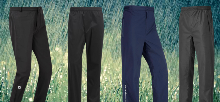 Best mens waterproof golf trousers header image. four example pairs against a backdrop of rain.
