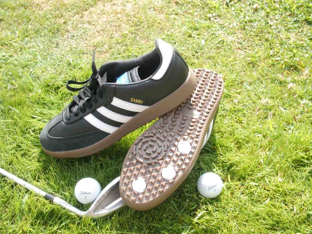 Image showing the sole and logo of the Adidas Samba golf shoe.